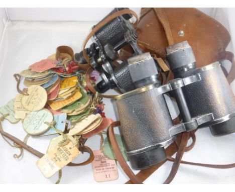 2 PRS. VINTAGE BINOCULARS N LEATHER CASES WITH LARGE NUMBER OF HORSE RACING CARD BADGES DATING FROM THE 1930S