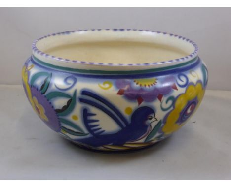 MISC. POOLE POTTERY INC. BOWL WITH QB COMICAL BIRD DECORATION, SHAPE 421, APPROX. 17 cm DIA. ROUND AND RECTANGULAR BUTTER DIS