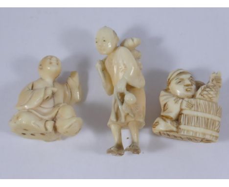 3 CARVED IVORY FIGURAL NETSUKE