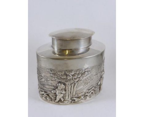 LATE VICTORIAN OVAL SILVER TEA CADDY WITH EMBOSSED DECORATION, BIRMINGHAM 1905