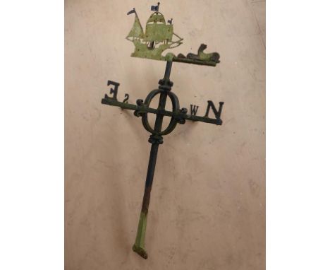 LATE 19TH CENTURY HEAVY IRON WEATHER VANE FEATURING A WHALING SHIP AND WHALE, APPROX. 48 cm WIDE