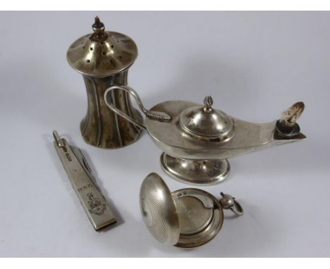 SILVER NOVELTY LIGHTER IN THE FORM OF A ROMAN LAMP, H.V.PITHEY & CO. BIRMINGHAM 1909, SILVER CAPSTAN SHAPE PEPPER POT, SILVER