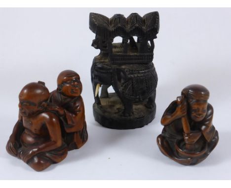 2 JAPANESE CARVED WOODEN NETSUKE AND A CARVED WOODEN ELEPHANT FIGURE