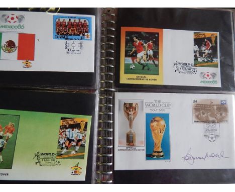 ALBUM CONTAINING 1980 FIRST DAY & COMMEMORATIVE COVERS RELATING TO WORLD CUP, SOME SIGNED BY BOBBY CHARLTON, ALSO 6 ISLE OF M
