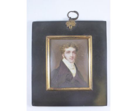 19TH CENTURY PORTRAIT MINIATURE, WATERCOLOUR ON PAPER IN RECTANGULAR FRAME DEPICTING A YOUNG GENTLEMAN IN PERIOD COSTUME