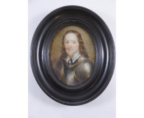 AN OVAL MINIATURE BUST  PORTRAIT DEPICTING A GENTLEMAN IN ARMOUR