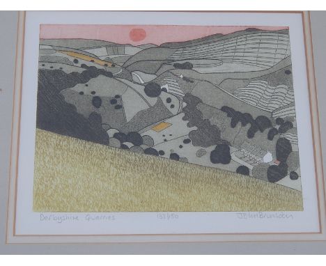 JOHN BRUNSDON PRINT 'DERBYSHIRE QUARRIES' SIGNED IN PENCIL &amp; NUMBERED 133/150 APPROX 30 X 23 CM.