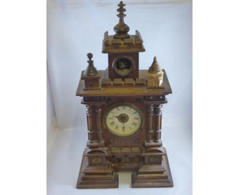 LATE 19TH CENTURY BLACK FOREST CUCKOO MANTLE CLOCK, ARCHITECTURAL OAK CASE SURMOUNTED BY CUCKOO IN TOWER, CASE AF