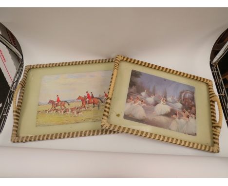Two bygone retro trays; one depicting a hunting scene, the other ballet