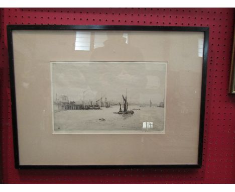 H.P.EVANS: An etching depicting boats and ships, possibly on the Thames, signed lower right corner, framed and glazed, 21.5cm