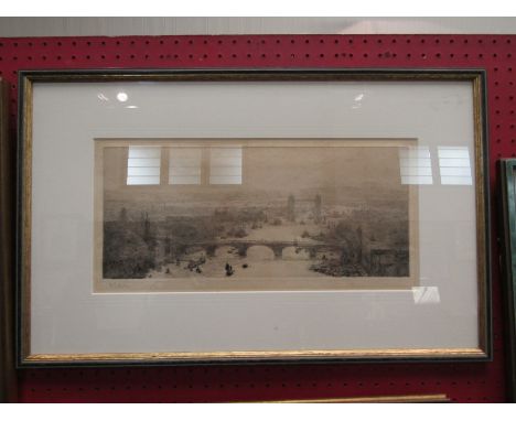 WILLIAM LIONEL WYLLIE R.A (1851-1931): An etching depicting an aerial view of the River Thames, showing Tower Bridge, boats, 