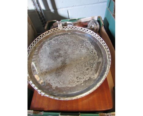 A box containing mostly silver plated items including a Smith Seymour part canteen of cutlery, flatware and a three sconce ca