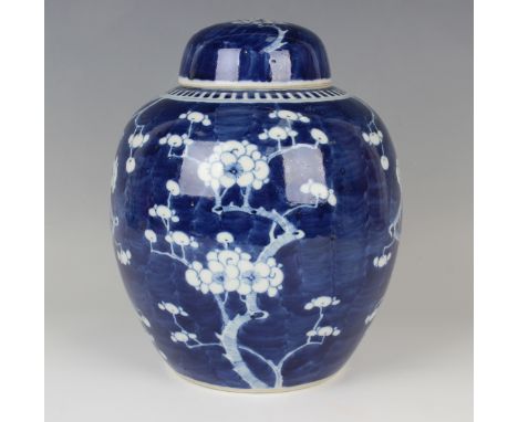 A Chinese blue and white porcelain ginger jar and cover, early 20th century, of typical ovoid form, painted with branches of 