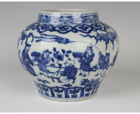 A Chinese blue and white porcelain pot, mark of Wanli but probably later, of squat baluster form, painted with a continuous f