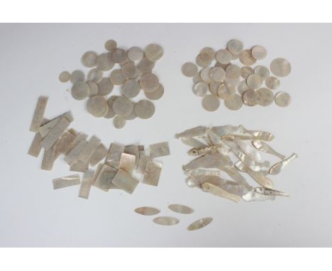 A collection of Chinese Canton export mother-of-pearl gaming counters, mid to late 19th century, the majority with incised de