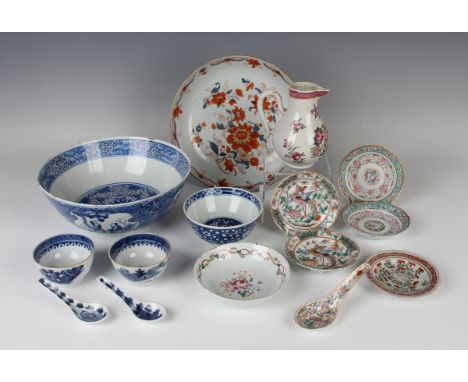 A group of Chinese porcelain, 18th century and later, including two pairs of famille rose saucers, iron red seal marks to bas