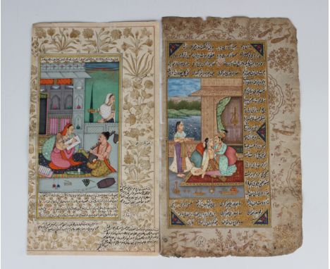 Two Indian Mughal style manuscript leaves, 19th century, each painted in watercolour and gouache with a figural scene, framed