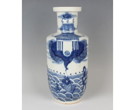 A Chinese blue and white porcelain rouleau vase, probably 20th century, the body painted to one side with a fish amidst waves