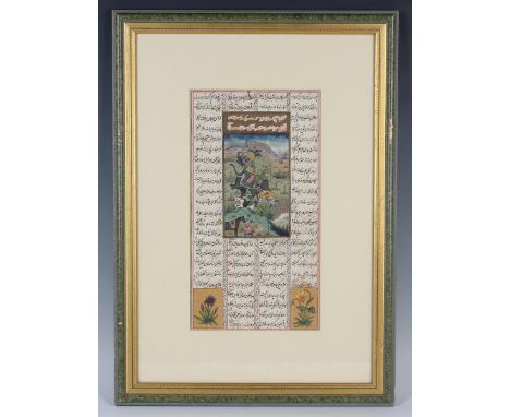 An Indian Mughal watercolour and gouache manuscript leaf, 19th century, painted with a hunting scene within a border of scrip