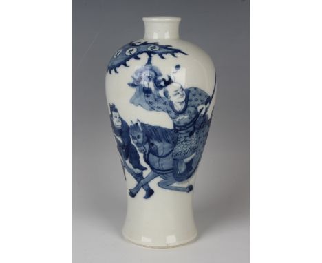 A Chinese blue and white porcelain meiping, probably 20th century, the baluster body painted with a figure on horseback with 