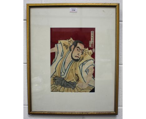 Utagawa Kuniharu - a Japanese polychrome woodblock oban tateye print, depicting a half-length portrait of a kabuki actor on a