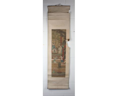 A Chinese watercolour hanging scroll painting, Qing dynasty, painted with a seated dignitary and his attendant watching the t