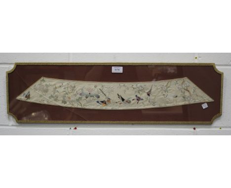 A Chinese silk embroidered collar panel, late Qing dynasty, finely worked in coloured threads with two mandarin ducks on a lo