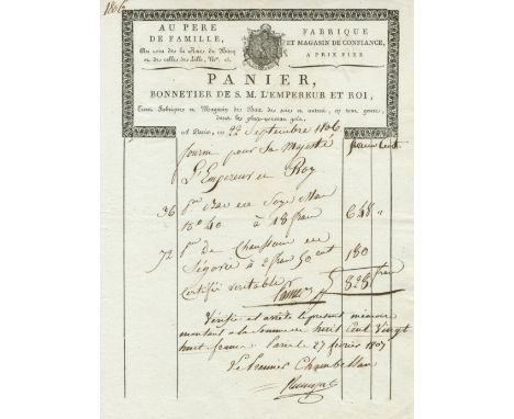 BILL FOR NAPOLEON'S STOCKINGS'Panier, Bonnetier de S. M. L'Empereur et Roi',  manuscript bill with letterpress heading and ar