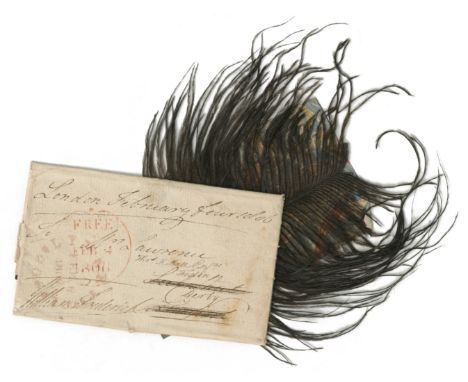 NELSON'S FUNERALA black ostrich feather pinned to a piece of marbled card, captioned in ink on the verso 'This relict of Lord