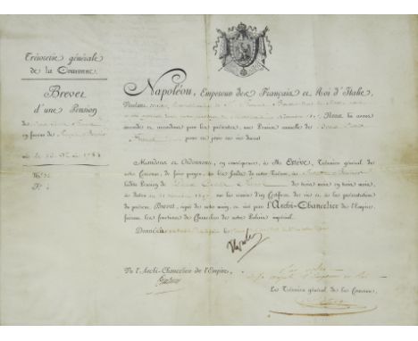 BREVETNAPOLEON BONAPARTE. Document signed ('Napoleon'), being a brevet authorizing the pension of 200 francs to be paid to Fr