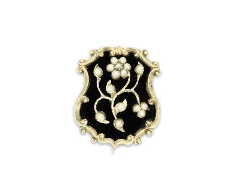 A GOLD, ENAMEL AND SEED PEARL MOURNING BROOCH, CIRCA 1830Shield shaped and set with a seed pearl forget-me-not, within a scro