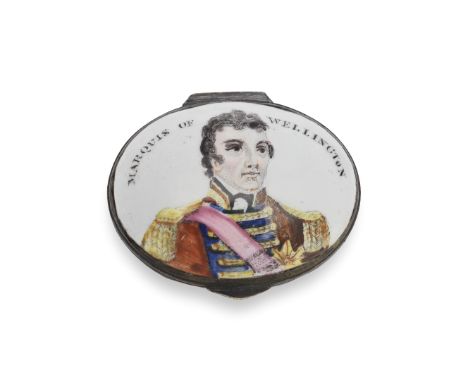 A rare South Staffordshire enamel patch box, circa 1812-14Of oval form with a pink fluted base, the hinged cover printed with