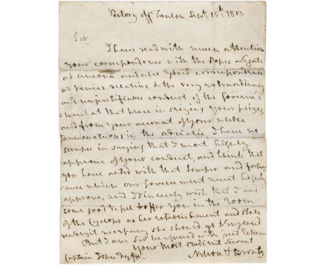 NELSON (HORATIO)Autograph letter signed ('Nelson &amp; Bronte') to Captain John Fyffe, approving of his conduct ('...I have r