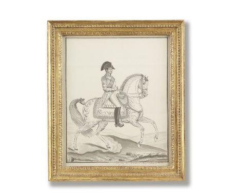 Auvrest (French, 19th Century)Napoleon on horseback inscribed 'a la plume par Auvrest, rue du Vieux Colombier, No. 32' (lower