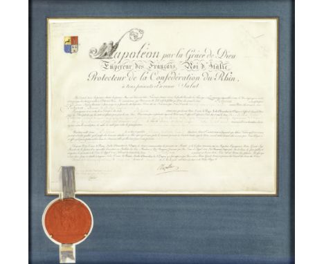 BREVETNAPOLEON BONAPARTE. Document signed ('Napoleon'),  being a brevet granting arms and the title Baron of the Empire to Co