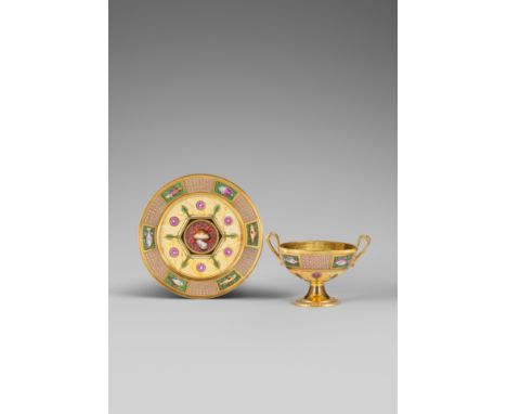 A very rare Sèvres footed bowl (coupe à bouillon hémisphérique) and stand, circa 1813-14Of mosaïque et poissons decoration, t