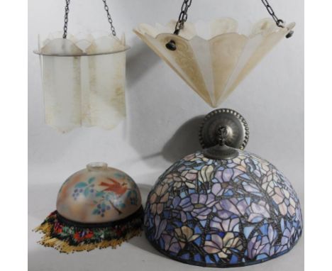 Various glass shades, to include Art Deco flared example, highlighted with flowers on a frosted glass ground, 23cm high, flor