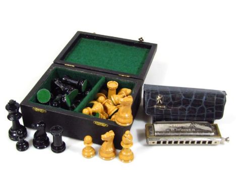 A mid-20thC Jacques moulded plastic chess set, and a Chromonica harmonica by M Horner, Germany.