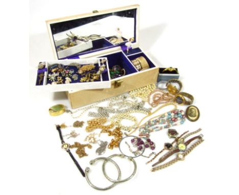 A jewellery box, containing a quantity of various costume jewellery and effects, modern bangle, faux pearls, oval brooch set 