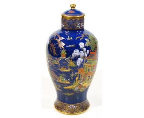 A 20thC Carltonware Bleu Royale Mikado pattern vase, with compressed lid, circular shouldered body, on circular foot, printed