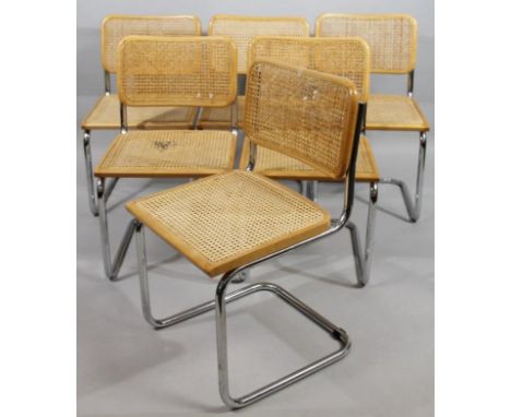 A set of six chrome and bergere cantilever Habitat chairs, with light wood outlines, of modern construction, 84cm high, some 