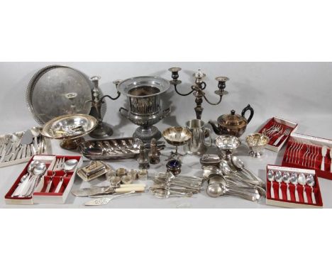 Various silver plate, etc, to include a champagne bucket, 26cm high, of campana outline, two candelabra, serving spoon, leaf 