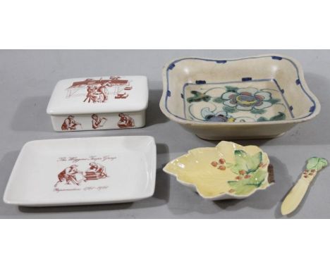 Various china, comprising a boxed Carltonware butter dish, of leaf shaped outline, 13cm high, with knife, a hand painted Coll