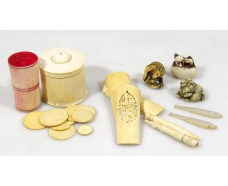 Various early 20thC ivory, to include English dice shaker of cylindrical form, with red interior, 7cm high, a 1920's jar with