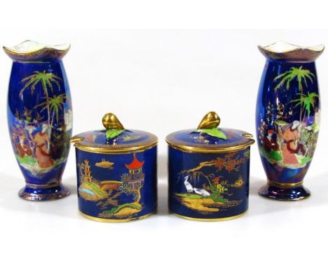 A matched pair of 20thC Carltonware Bleu Royale Mikado vases, and two further vases, with compressed lids, each with a circul