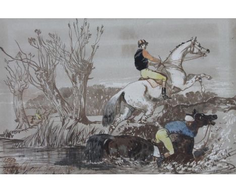 After J F Herring Sen. Lithograph, Steeple Chase, fallen horse and another jumping a hedge, probably hand touched, printed si