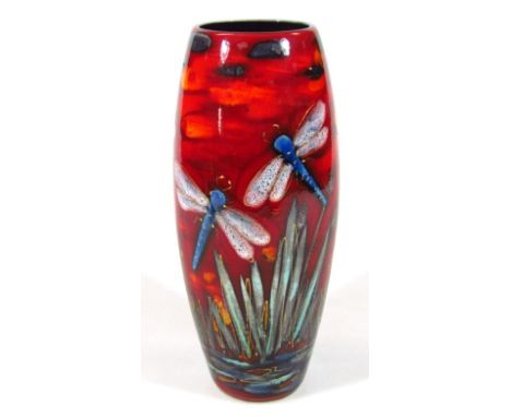 A Carltonware Anita Harris studio vase, the circular body tubelined with gilt highlighted dragonflies and flowers, printed an