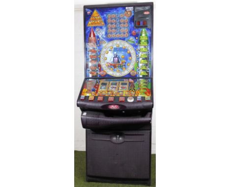 A Red Gaming Rocket Money fruit machine, £5 Jackpot, 180cm high. (AF, hoppers removed, decommissioned slots.) WARNING This lo