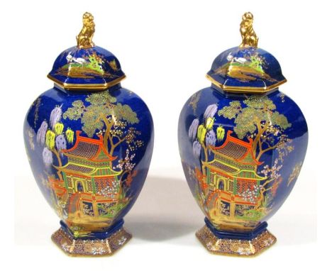 A pair of 20thC Carltonware Bleu Royale Mikado pattern hexagonal jars and cover, with compressed lid, circular shouldered bod