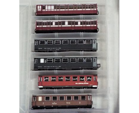 Six N gauge continental coaches, two Peco, two Roco and two Bachmann Liliput  